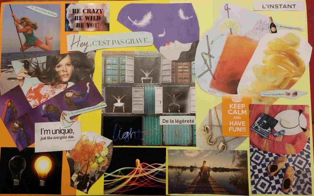 An example of a vision board with many different pictures and some text